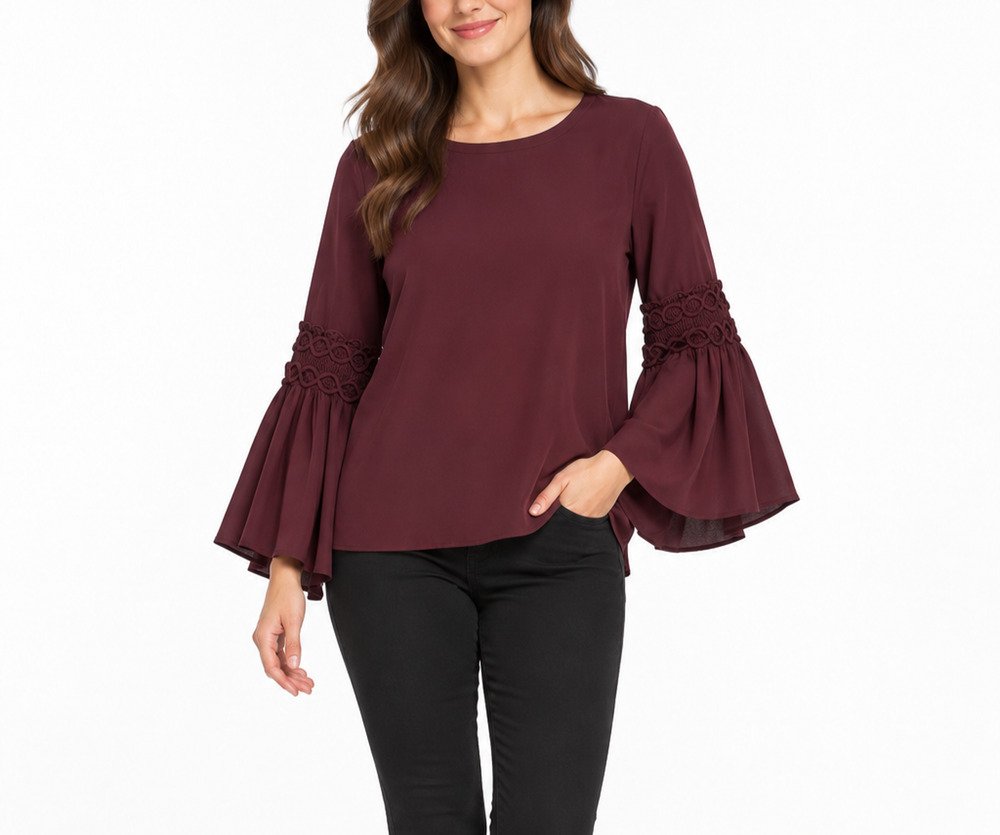 Loft Womens M Burgundy Bell Crochet Sleeve Blouse Back Tie Boho Top